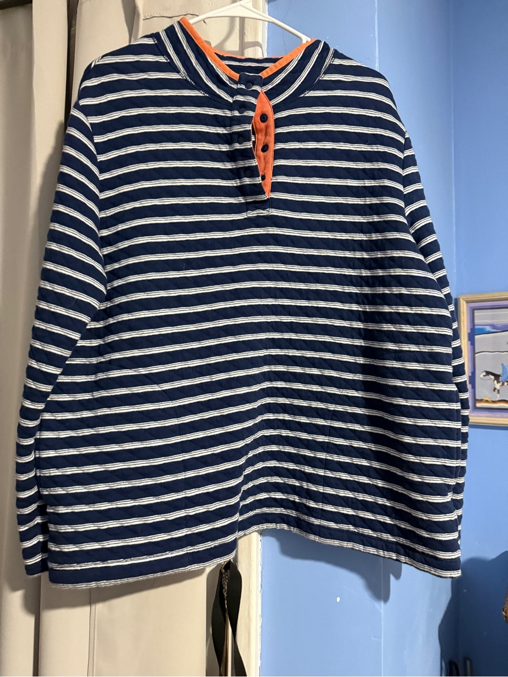 Lands' End Navy and White Striped Long-Sleeve Tee with Orange Placket